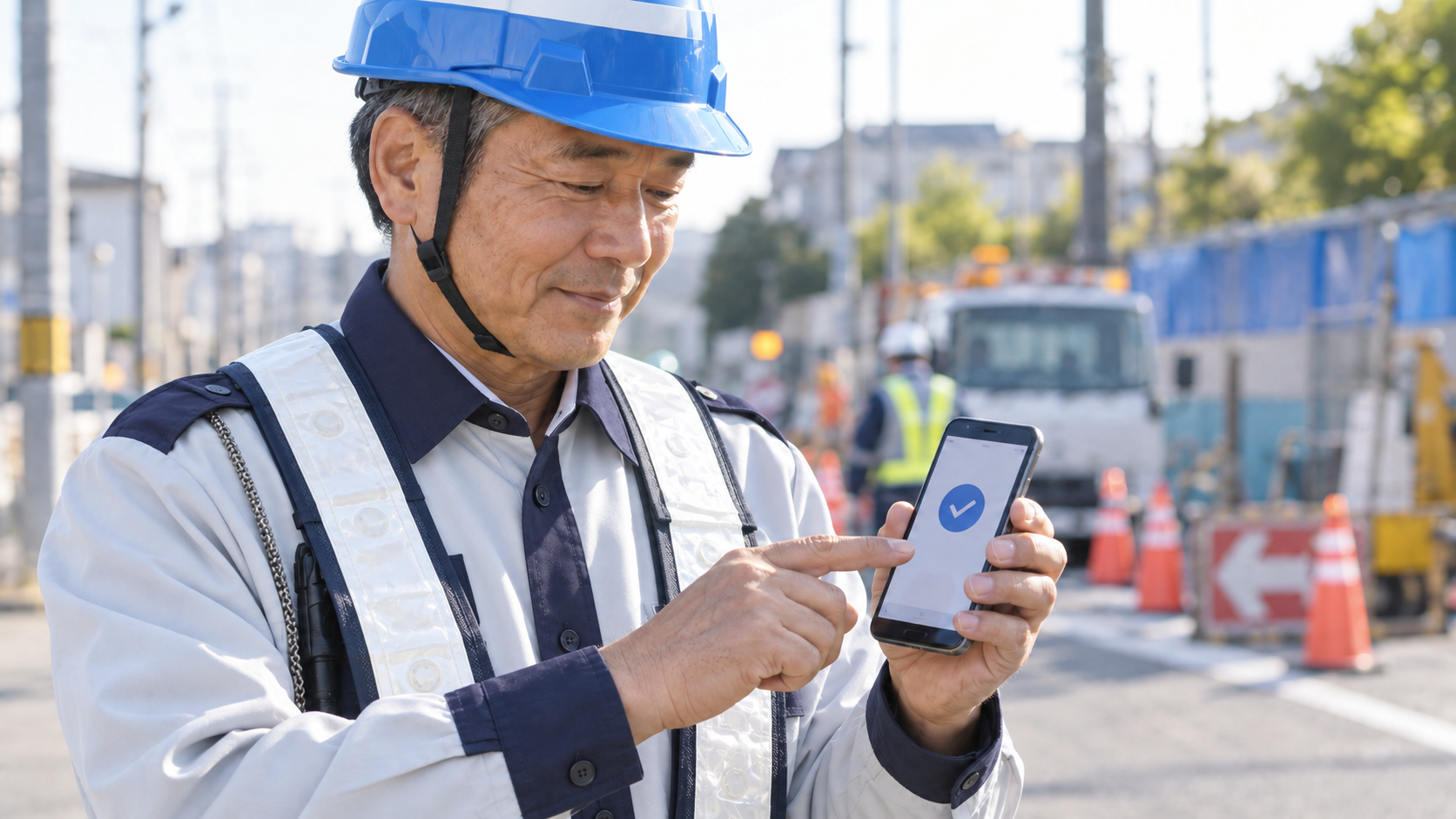 スマートフォンで出退勤を報告する警備員